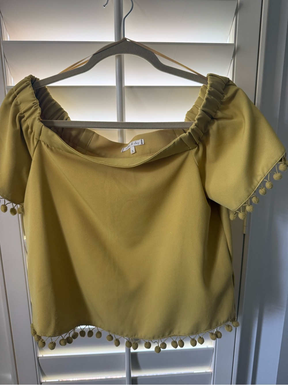 Willow & Clay Yellow Off-Shoulder Pom Pom Crop Top
